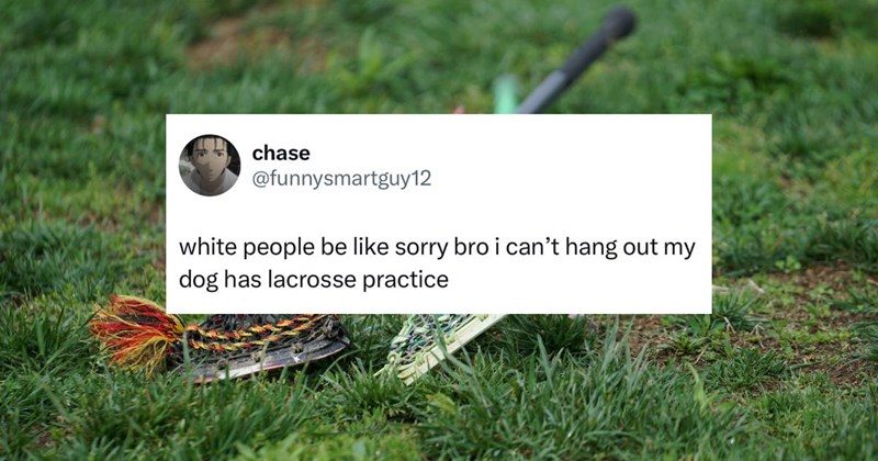 A tweet over an image of two lacrosse sticks laying on the grass