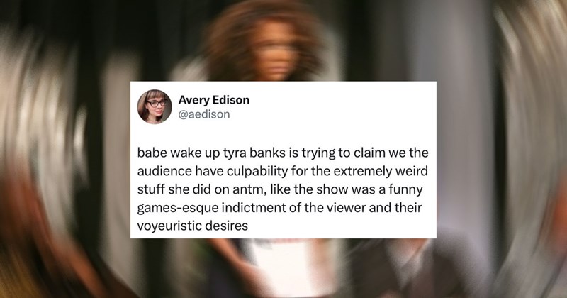 A tweet over an image of Tyra Banks during an America's Next Top Model elimination