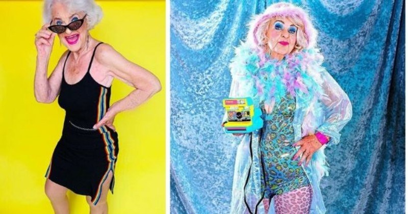 grandma style icon instagram fashion influencer grandmother | older lady in an adidas black dress and sunglasses and same lady in a colorful fuzzy scarf and a colorful leotard