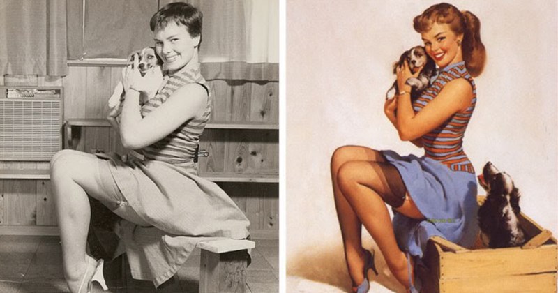 Gil Elvgren pin up art, vintage pin up girls, real women behind pin up paintings, 1940s pin up models, classic pin up photography, before and after pin up art, Gil Elvgren paintings models, retro glamour art, historical pin up comparisons