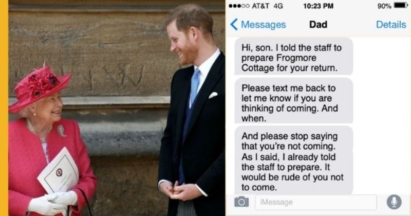 satirical text conversation between Prince Harry And The Royal Family about him coming back to the UK | thumbnail includes picture of Prince Harry and Queen Elizabeth | Hi, son told staff prepare Frogmore Cottage return. Please text back let know if are thinking coming. And And please stop saying not coming. As said already told staff prepare would be rude not come.