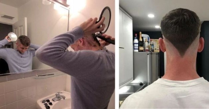 bad coronavirus home haircuts twitter fail covid-19 DIY haircut funny | man shaving the back of his head with a machine using the bathroom mirror and a second handheld mirror | pointy triangular result of giving yourself a haircut