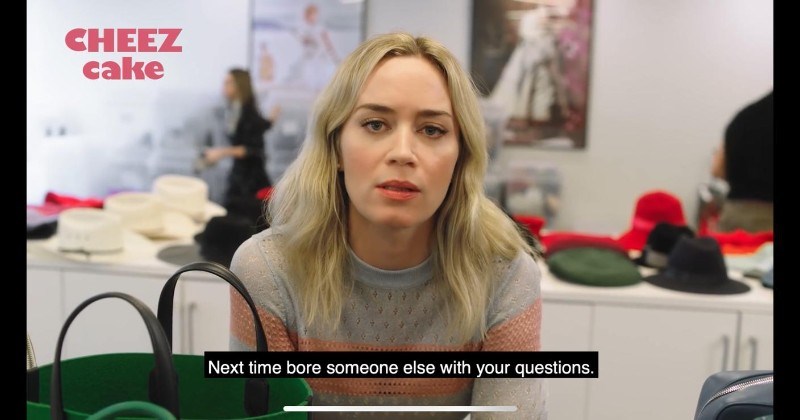 funny parody interview with Emily Blunt | thumbnail shows Emily blunt Text - CheezCake Next time bore someone else with your questions