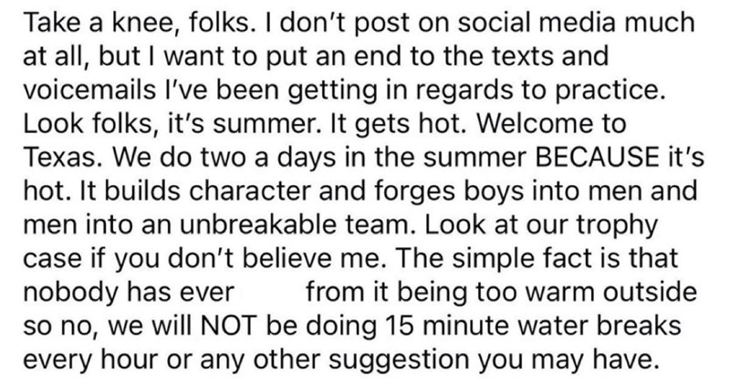 water breaks, twitter, water, high school football, teachers, teacher, facebook, tweets, high school, texas, football, tweet, Terrible Teacher, coach, twitter discourse, parents