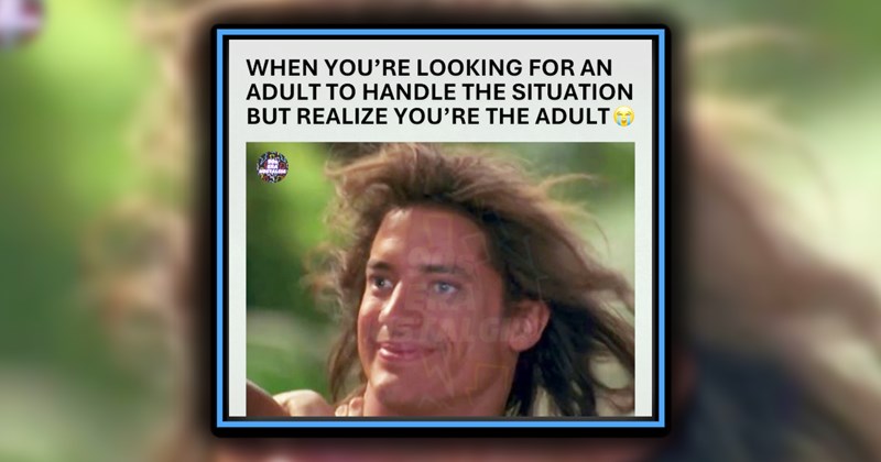 21 Hilarious Pop Culture Memes Cinema Soundtracks That Made Millennials | thumbnail includes two images one image shows george of the jungle fake smiling ‘WHEN YOU’RE LOOKING FOR AN ADULT TO HANDLE THE SITUATION BUT REALIZE YOU’RE THE ADULT’