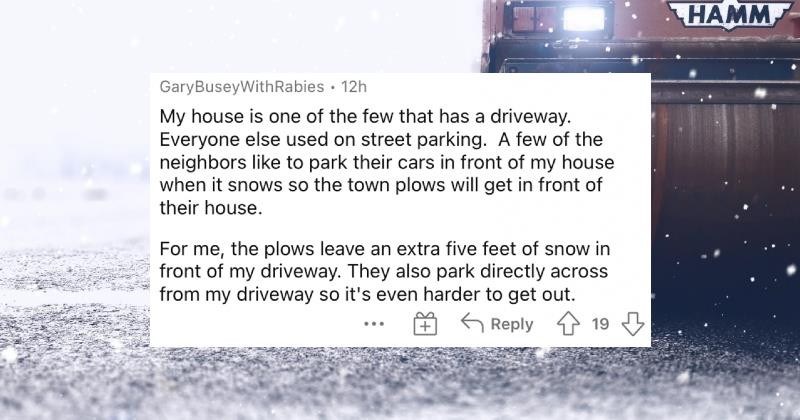 People describe their worst nightmare neighbor conflict tales. | GaryBuseyWithRabies 12h My house is one few has driveway. Everyone else used on street parking few neighbors like park their cars front my house snows so town plows will get front their house plows leave an extra five feet snow front my driveway. They also park directly across my driveway so 's even harder get out.