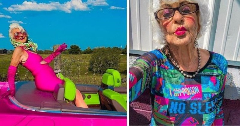 Baddie Winkle, Instagram, Influencer, Fashion, Great-grandma, style icon, style, 91-year-old | grandma in a vibrant pink dress sitting in the back of a pink Cadillac with green seats, grandma wearing heavy pink makeup and a colorful shirt takes selfie doing a duck face