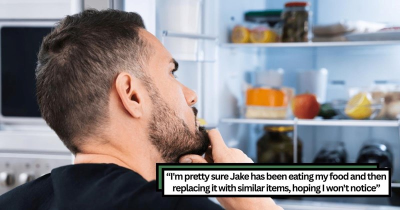Man notices his food disappearing and being oddly replaced with similar items, sets trap with a marked bag of chips, confirming his roommate, Jake, is secretly eating his food and using his Costco discount to replace it