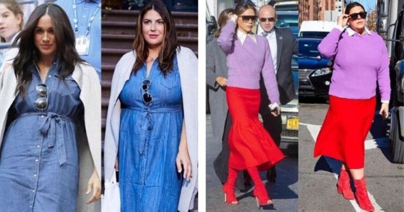 woman outfits celebrities size style copy fashion influencer plus size style inspired | Meghan Markle in a denim dress under a beige blazer | Victoria Beckham in a purple sweater and long red skirt