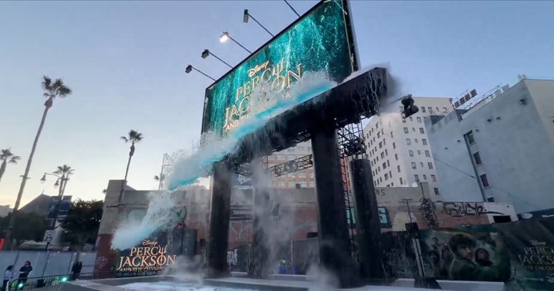 Percy Jackson billboard Hollywood water billboard special effect billboard Los Angeles marketing stunt Disney Percy Jackson and the Olympians viral billboard interactive ad