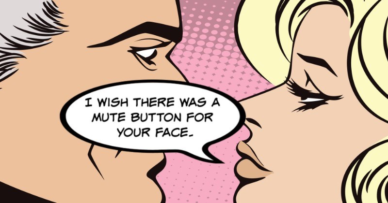 dating nightmare skanky saloon bar bad dates great stories dating apps funny single society New York City | comic illustration man and woman face to face and speech bubble WISH THERE WAS A MUTE BUTTON FOR YOUR FACE