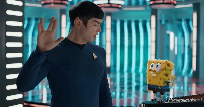 Star Trek Spongebob crossover, Paramount+ Star Trek ad, SpongeBob Starfleet mashup, funny Star Trek promotions, SpongeBob transporter room, Star Trek promotional clip 2025