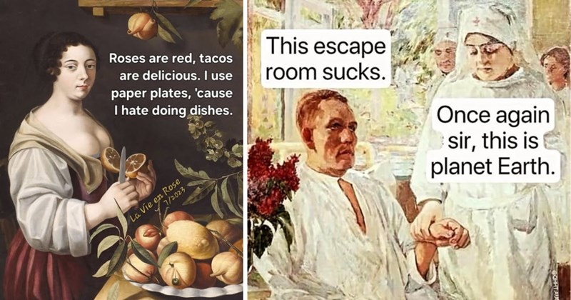 Classical art memes, Renaissance art humor, Baroque painting memes, Art history jokes, Timeless art memes, Hilarious classical art, Modern twist on classical art