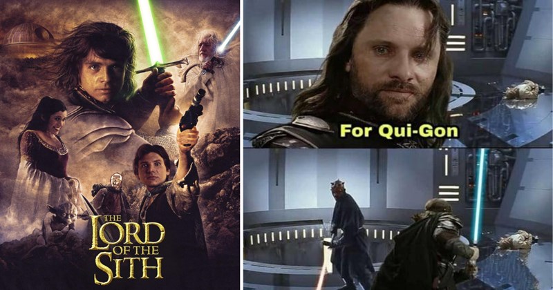 Lord of the Rings and Star Wars memes, Star Wars and LOTR crossover, funny LOTR memes, Star Wars jokes, Middle-earth meets Star Wars, Gandalf vs Obi-Wan, Jedi and hobbits memes, Tolkien meets George Lucas, nerdy crossover memes, LOTR vs Star Wars.