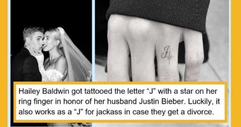 satirical weekly diary of top celebrity news | thumbnail Text - Hailey Baldwin got tattooed the letter “J” with a star on her ring finger in honor of her husband Justin Bieber. Luckily, it also works as a “J” for jackass in case they get a divorce.