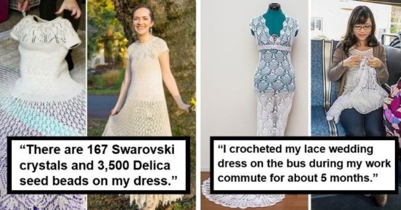 talented brides who made their own wedding dresses | thumbnail includes two pictures of brides with wedding dresses Text - “There are 167 Swarovski crystals and 3,500 Delica seed beads on my dress.”, “I crocheted my lace wedding dress on the bus during my work commute for about 5 months.”