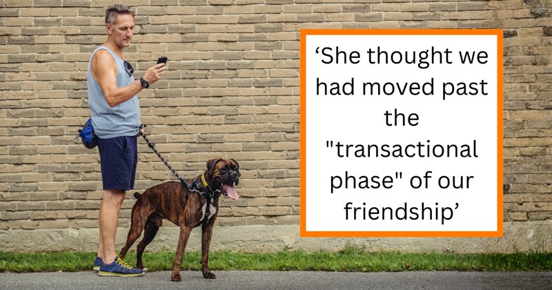Story of nice guy refusing to keep walking neighbor's dog because she starts paying him in cookies | Thumbnail includes one picture of a dog walker taking a break, and one picture of text including '‘She thought we had moved past the "transactional phase" of our friendship’'