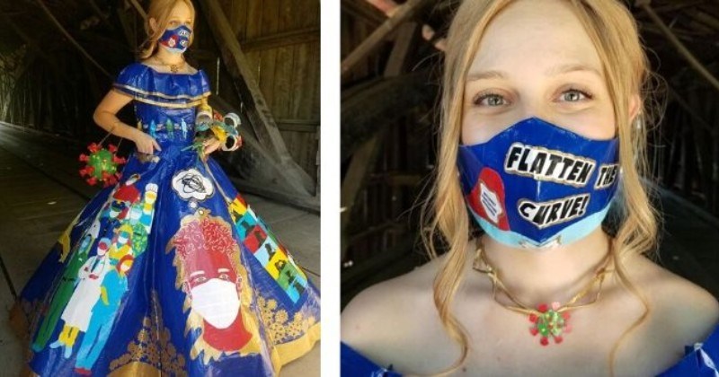 Pictures of COVID-Themed Prom Dress Using Duct Tape | flatten the curve face mask