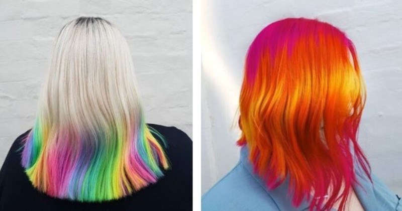 rainbow hair instagram hairdresser design salon model style | photo of the back of a person with platinum blonde hair at the top and rainbow colors at the bottom | red hair with yellow highlights