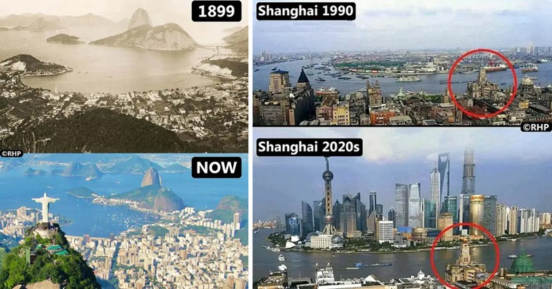 city transformation photos, old vs new cities, then and now city photos, urban growth comparison, famous cities past and present, Rio before and after, Manhattan transformation, Dubai development timeline, historic cityscapes