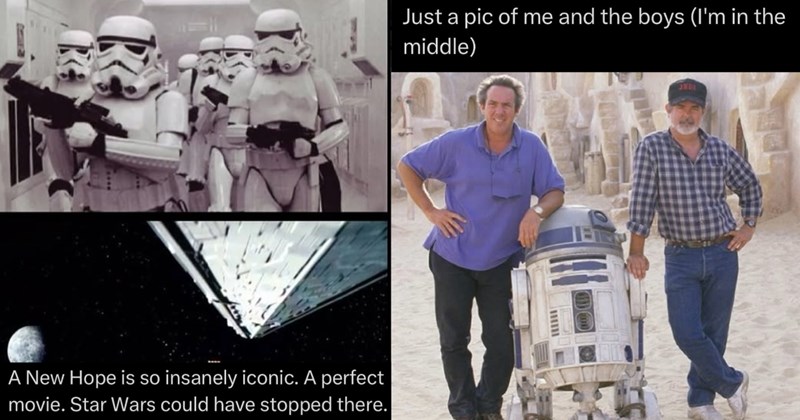 16 Star Wars Facts You Didn’t See Coming | thumbnail includes two images one image shows storm troopers patrolling ‘A New Hope is so insanely iconic. A perfect movie. Star Was could have stopped there.’, the other image shows the star WARS directors standing next to R2D2 ‘Just a pic of me and the boys (I’m in the middle)”