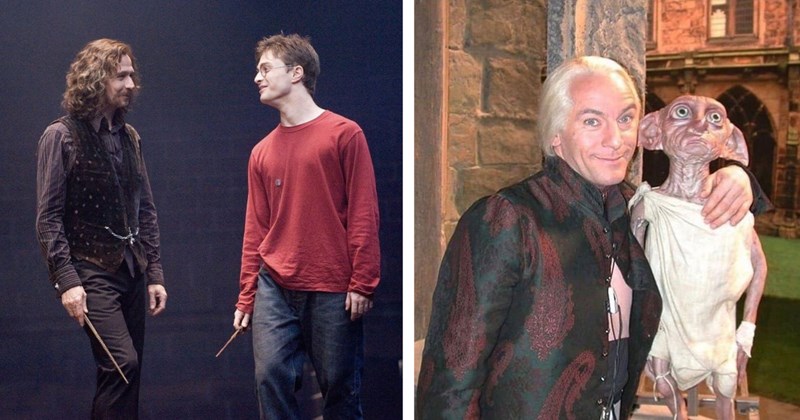 23 Wholesome Harry Potter Pics Behind Scenes | thumbnail includes two images one image shows harry potter and sirius against a dark backdrop, the other image shows a harry potter cast member posing with dobby 