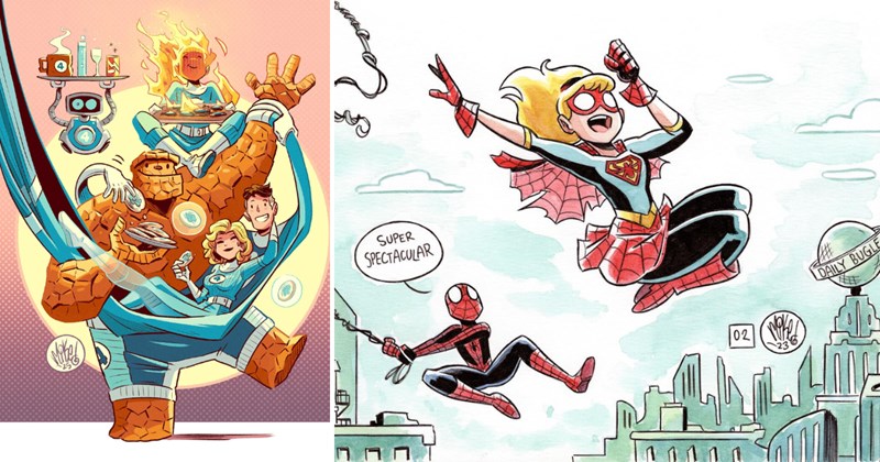 Mike Maihack superhero art, adorable superhero illustrations, Batman and Superman cute art, Marvel and DC fan art 2025, modern superhero redesigns, superhero parody illustrations, Spider-Man cute comics, Wonder Woman funny art