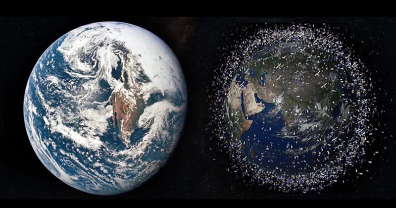 22 Technically True Facts That Feel Wrong Anyway | thumbnail includes one image which shows the earth from space and the earth from space with all the satellites that circumnavigate the earth 