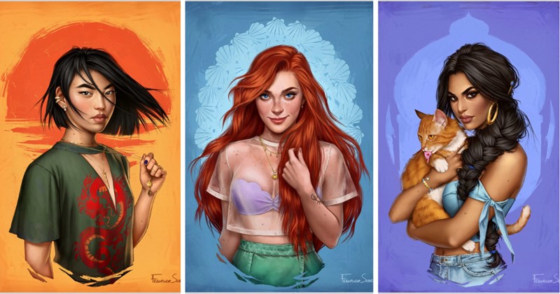 modern Disney princess art, Fernanda Suarez Kida, Kida Atlantis fan art, Disney princess reimagined, modern Kida Nedakh illustration, Fernanda Suarez modern princesses, Atlantis the Lost Empire art, Disney fashion artwork, digital art Disney reimagined, Kida blue crystal necklace