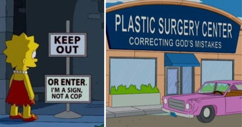 funny simpsons signs, best simpsons background jokes, simpsons visual gags, hidden jokes in the simpsons, simpsons funny moments, simpsons sight gags, springfield signs simpsons, simpsons humor