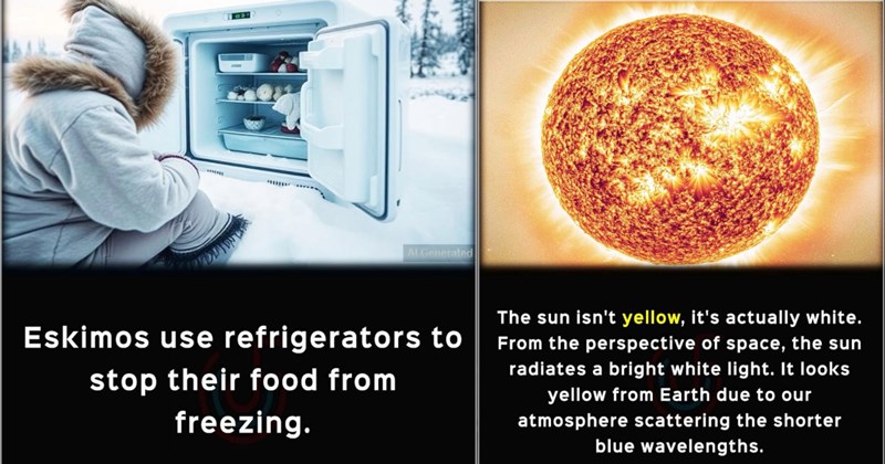 20 Strange Truths Too Ridiculous Right | thumbnail includes two images one image shows an eskimo looking at a small fridge which is open surrounded by snow ‘Eskimos use refrigerators to stop their food from freezing.’, the other image shows a close up of the sun ‘The sun isn’t yellow, it’s actually white. From the perspective of space, the sun radiates a bright while light. It looks yellow from Earth due to our atmosphere scattering the shorter wavelengths.’